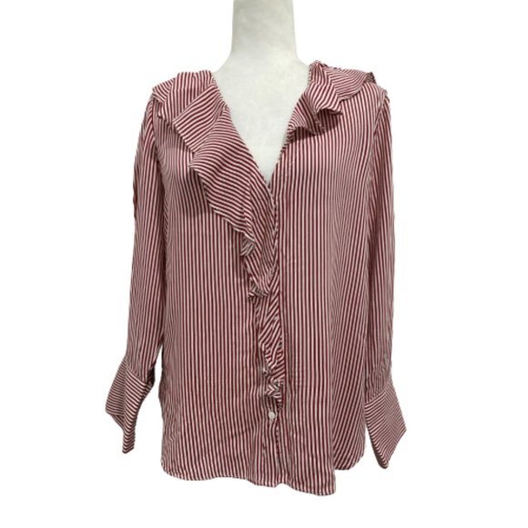 Zara Red and White Stripe Ruffle Blouse Size Small - Picture 1 of 6